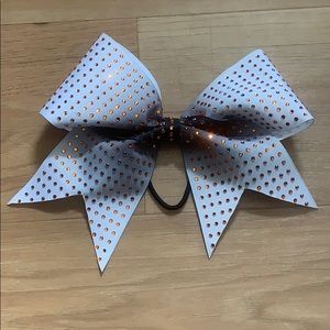 white bow with black ombré and orange rhinestones cheer/dance bow